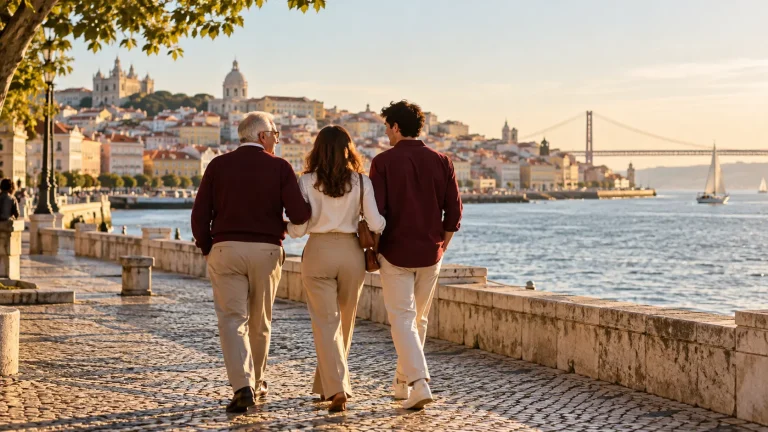 Família de três gerações junto ao Tejo, em imagem ilustrativa sobre nacionalidade portuguesa.