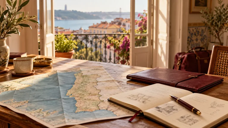 Mapa de Portugal, caderno e pasta de documentos numa mesa de planejamento, em imagem ilustrativa.
