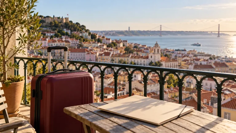 Mala e pasta de documentos com Lisboa ao fundo, em imagem ilustrativa sobre residência em Portugal.